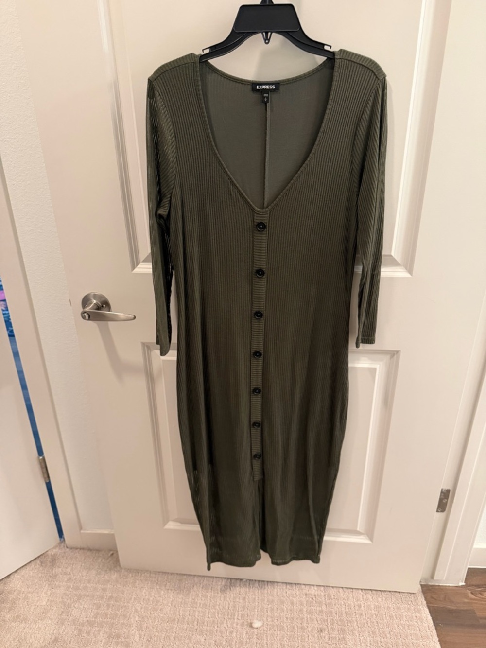 Express Olive Ribbed Button-Front Midi Dress